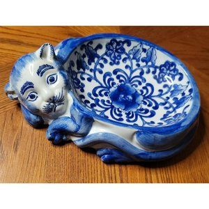 Vintage Porcelain Chinese Cat Kitten Dish Bowl **RARE** 🐈‍⬛🐈🐱 Blue White